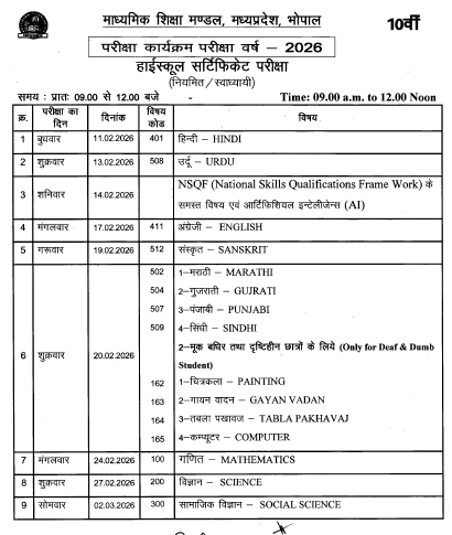 MP BOARD 10TH HIGH SCHOOL EXAM 2025-26 TIME TABLE