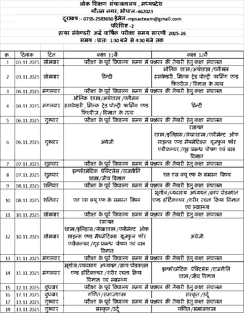 MP Board Half Yearly Exam 2025-26 Time Table Released