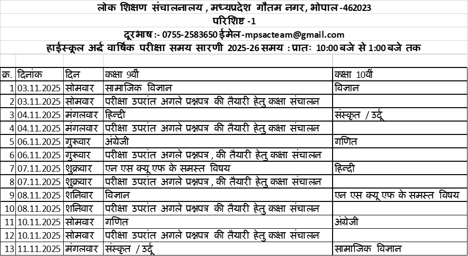 MP Board Half Yearly Examination 2025-26